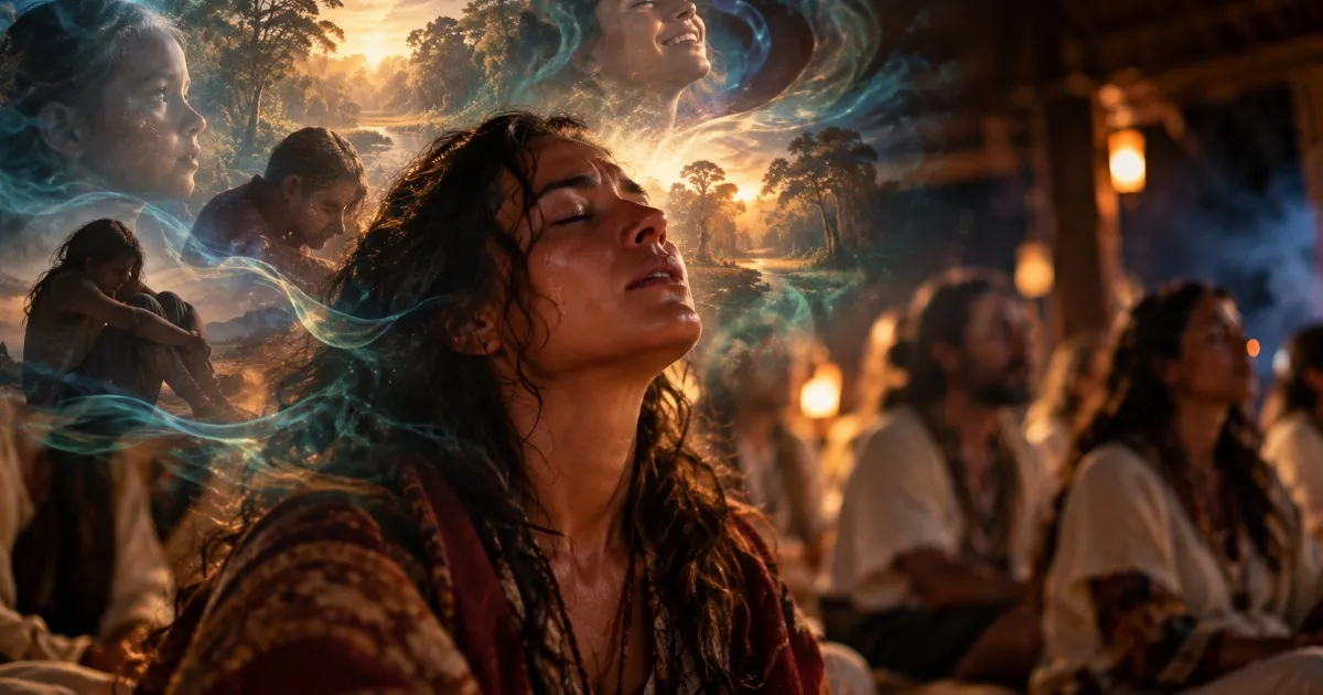 Mulher em cerimônia de ayahuasca vivencia uma emoção profunda enquanto memórias e imagens simbólicas surgem ao seu redor.