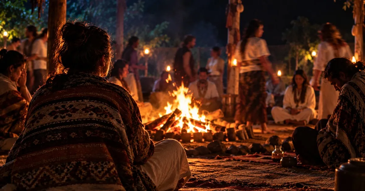 Cerimônia de ayahuasca à noite, com participantes em silêncio ao redor da fogueira, enquanto algumas pessoas permanecem sentadas e outras se movimentam.