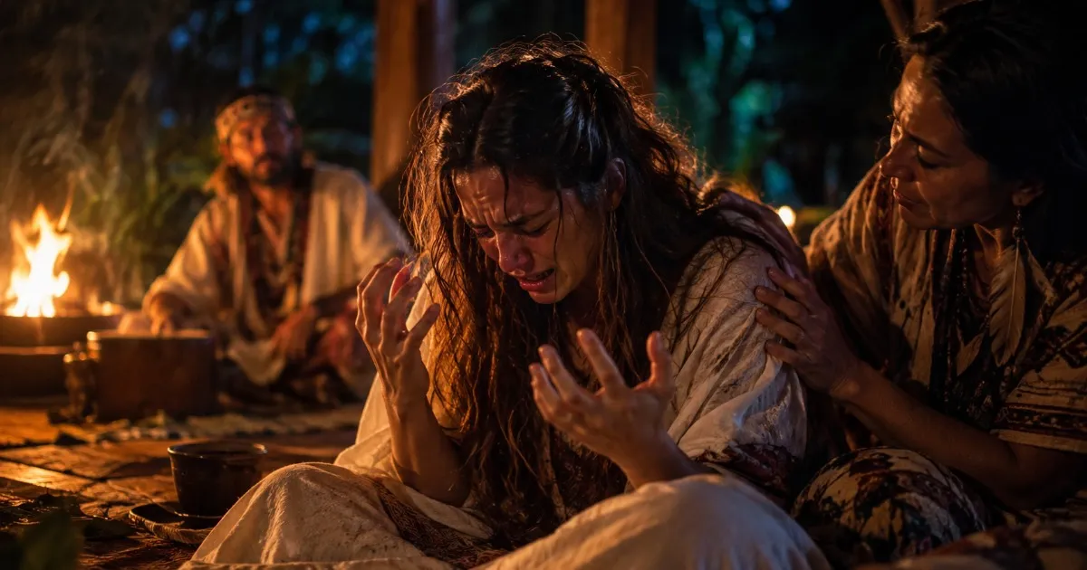 Jovem em uma cerimônia de ayahuasca, vivendo uma intensa experiência emocional, cercada por luz de velas, fogo e elementos naturais em um ambiente ritualístico noturno.