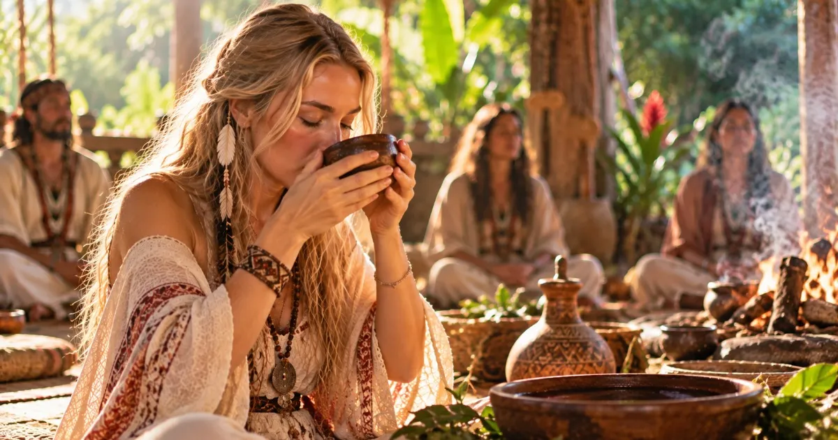 Mulher loira tomando ayahuasca em um recipiente artesanal durante uma cerimônia, cercada por natureza, fogo, ervas, elementos ritualísticos e participantes ao fundo, em uma atmosfera espiritual, acolh